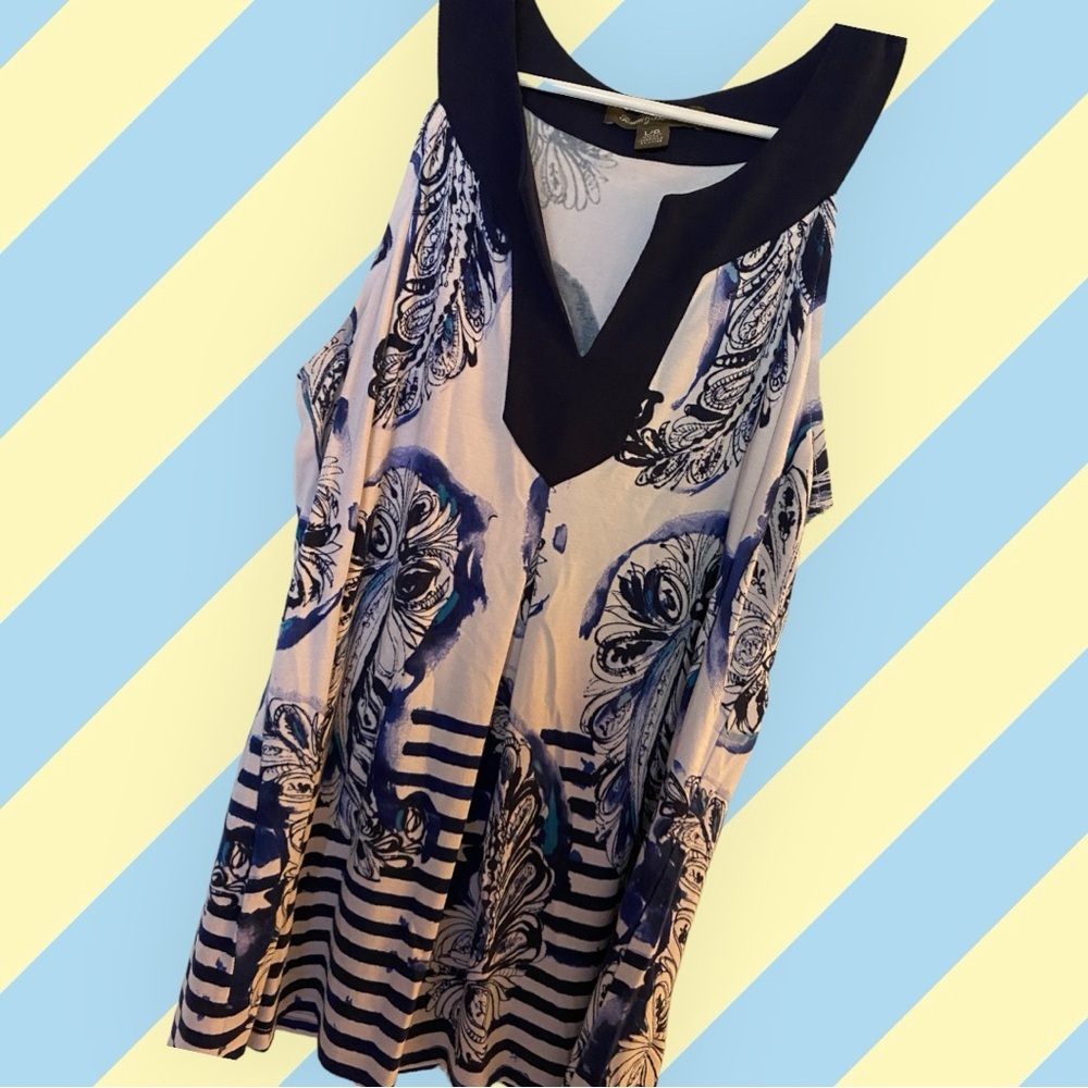 Tommy Bahama Blue and White Feather and Stripe Print Tunic, Women’s Large